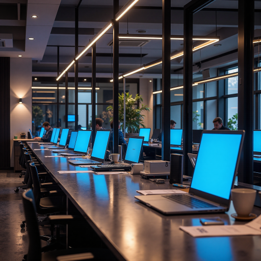 某知名电商平台办公环境，现代化办公室内景，员工正在电脑前工作，整洁有序的工作空间