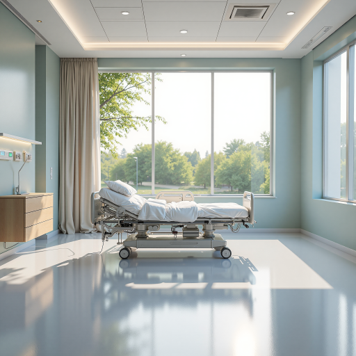 某三甲医院大楼外观，现代化建筑风格，玻璃幕墙设计，白天阳光照射效果，周围绿化环境优美